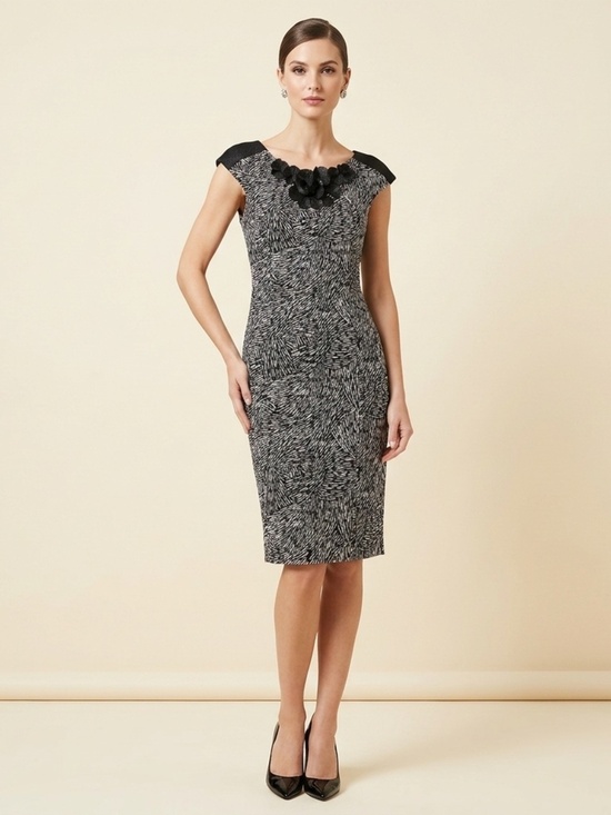Jax Dresses & Skirts - Jax Textured Geometric Abstract Sheath Dress Black White Floral Trim Size 6